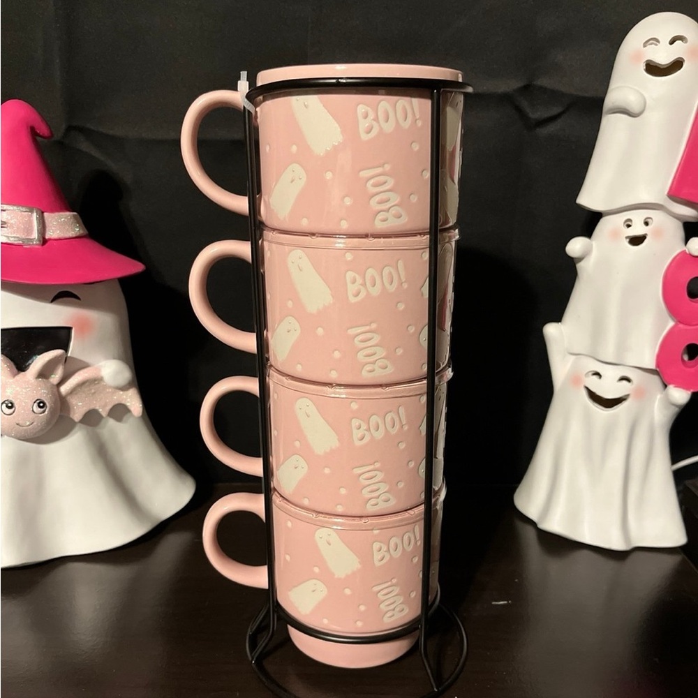 Halloween Pink Stackable Ghost Mug and Rack Tower Set